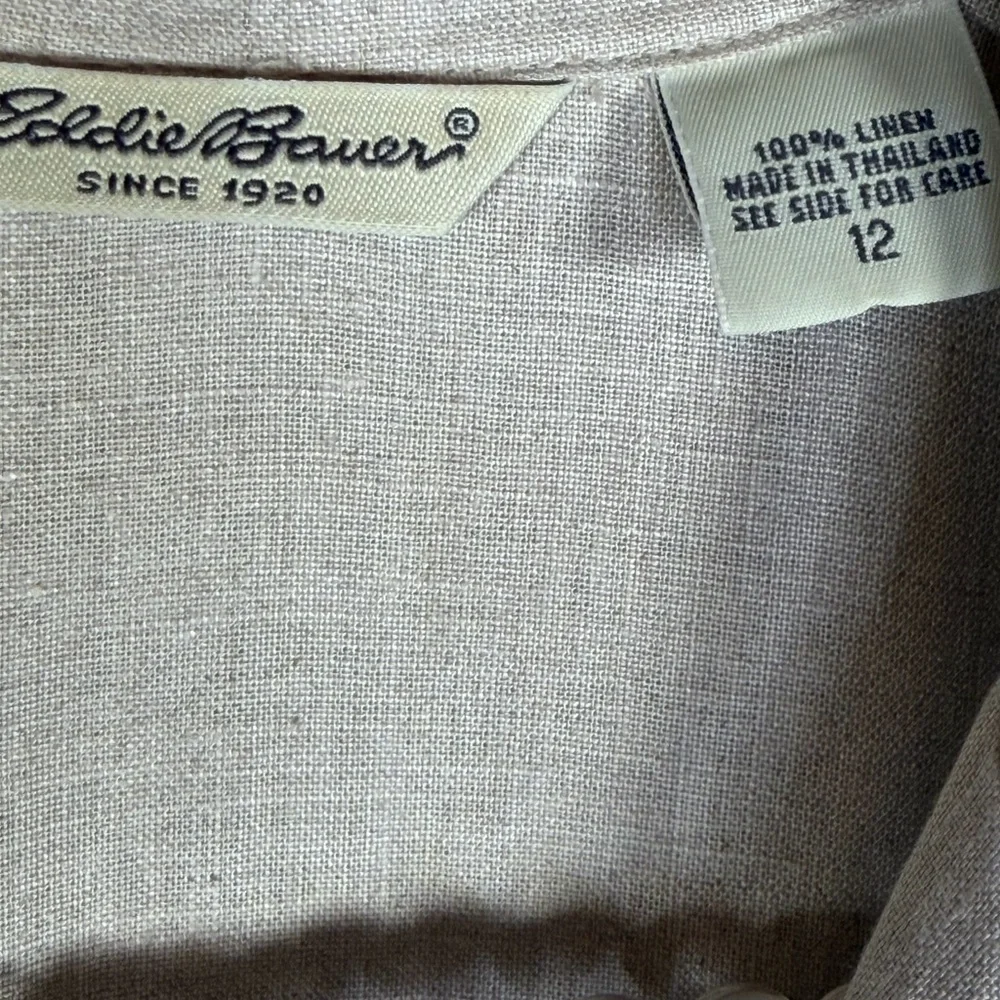 Eddie Bauer Beige 100% Linen Midi‎ Dress Button Front Short Sleeve